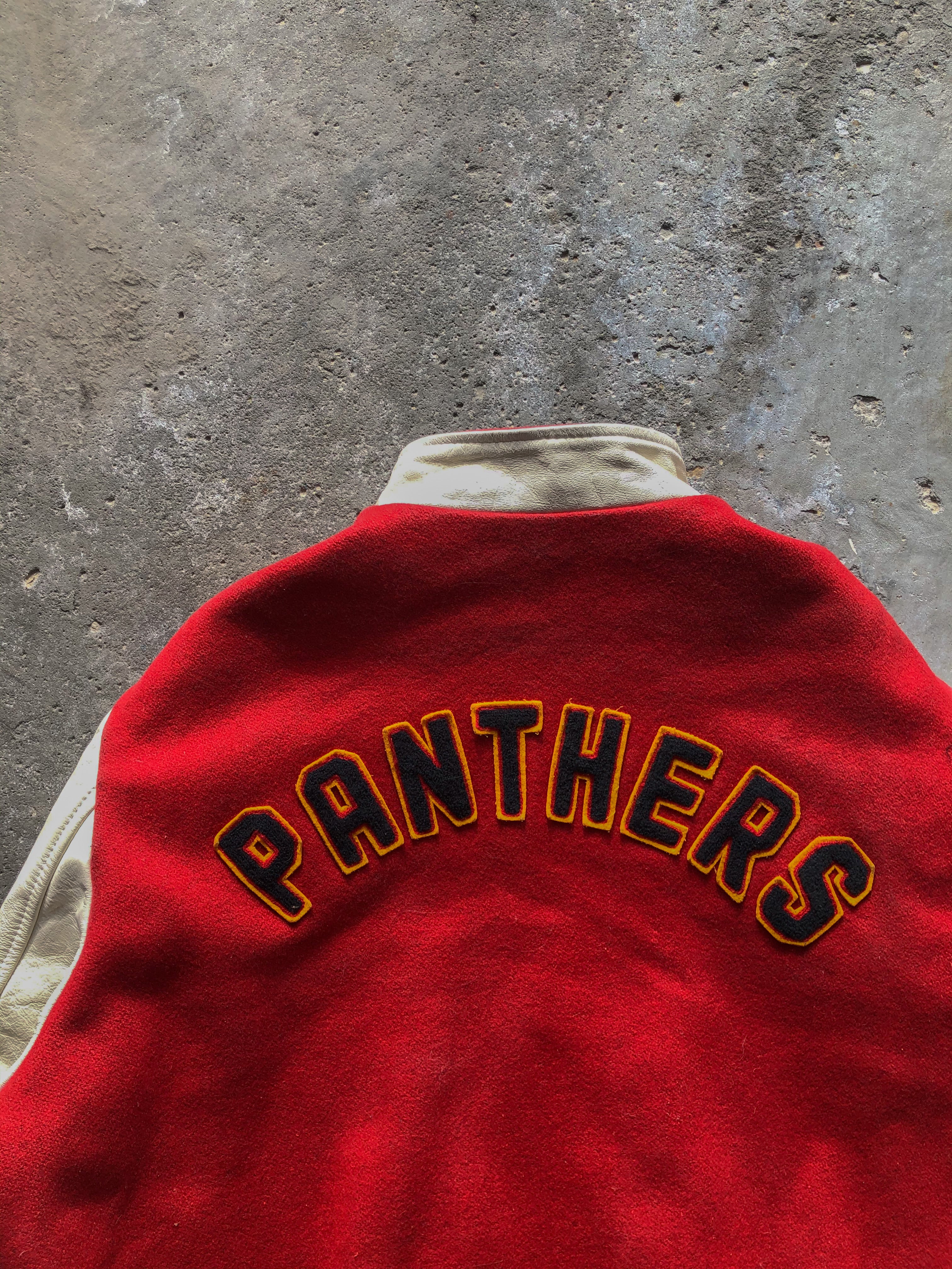 VARSITY RED/CREAM “PANTHERS” VARSITY JACKET - 1990s - LOST ENDS FOUND