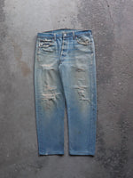 Load image into Gallery viewer, LEVI&#39;S 501 FADED &amp; REPAIRED DIRTY WASH DENIM - 1990S  ( 33 x 32 ) - LOST ENDS FOUND
