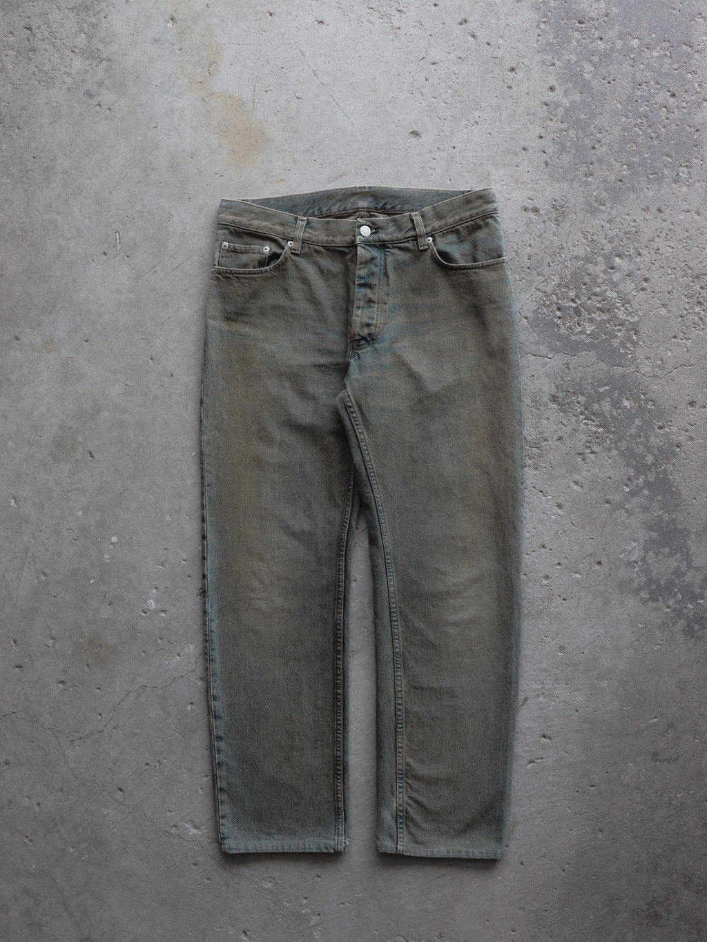 1999 HELMUT LANG VINTAGE STAINED DENIM   ( 32 X 32 ) - LOST ENDS FOUND