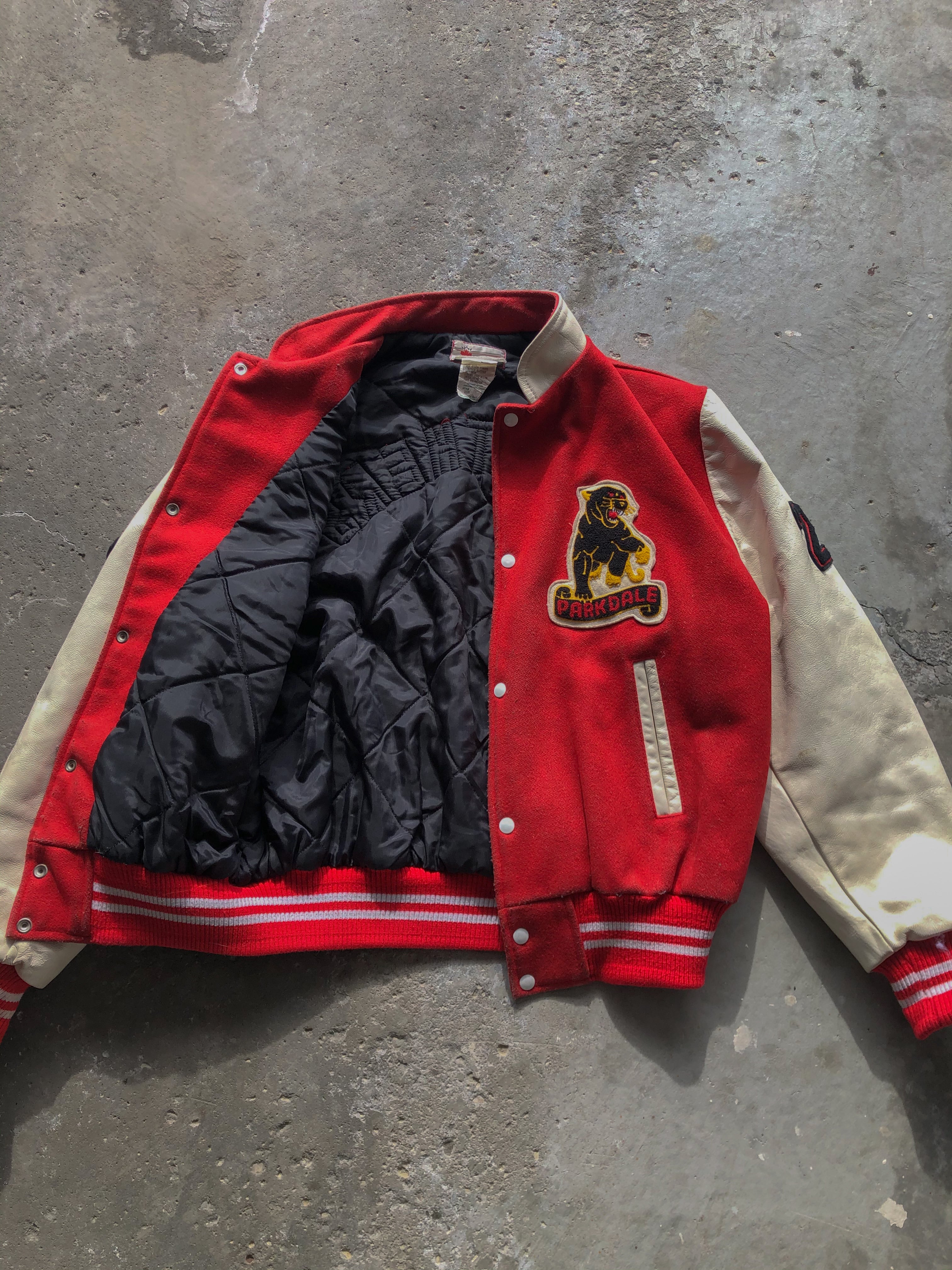 VARSITY RED/CREAM “PANTHERS” VARSITY JACKET - 1990s - LOST ENDS FOUND