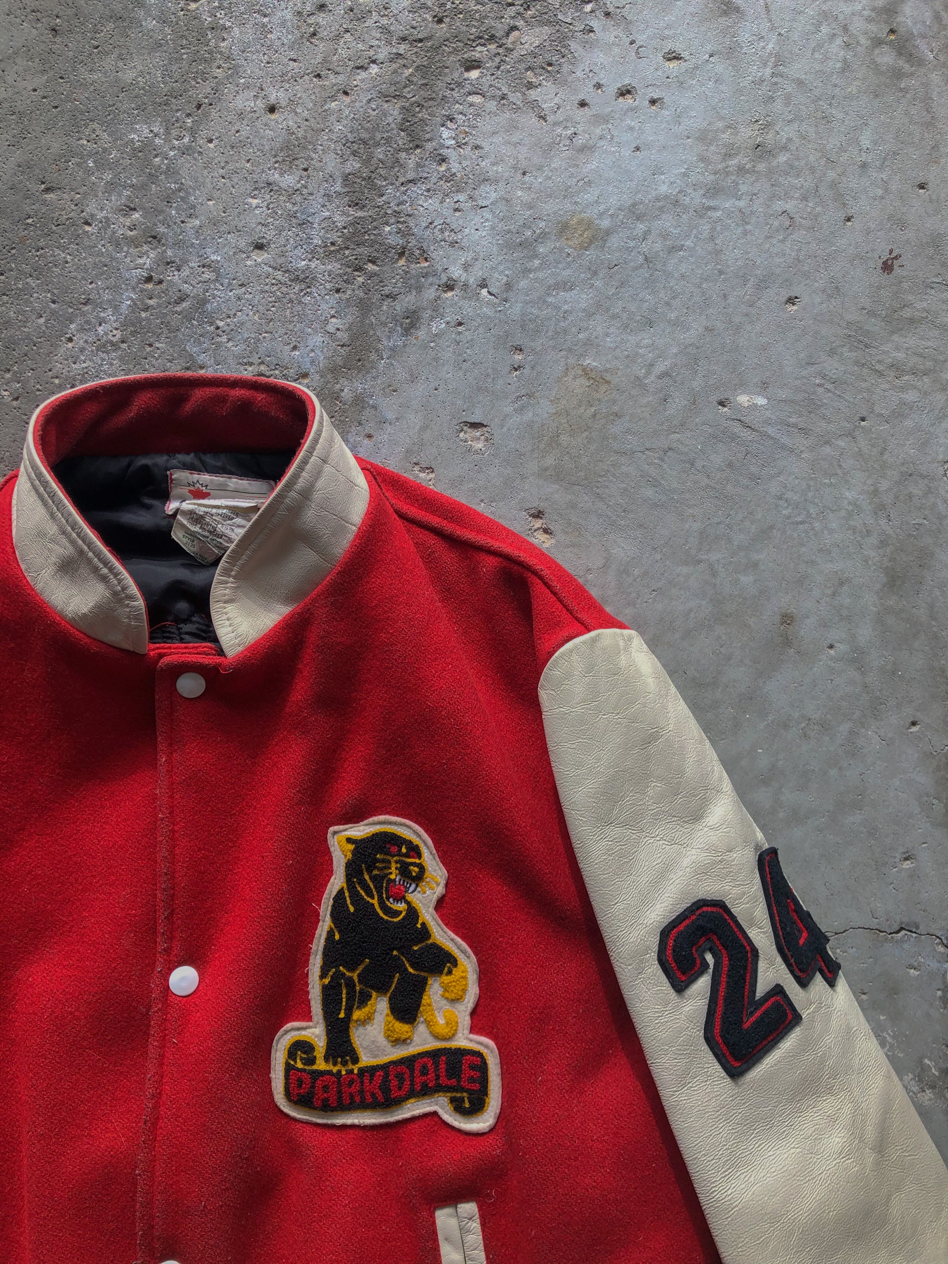 VARSITY RED/CREAM “PANTHERS” VARSITY JACKET - 1990s - LOST ENDS FOUND