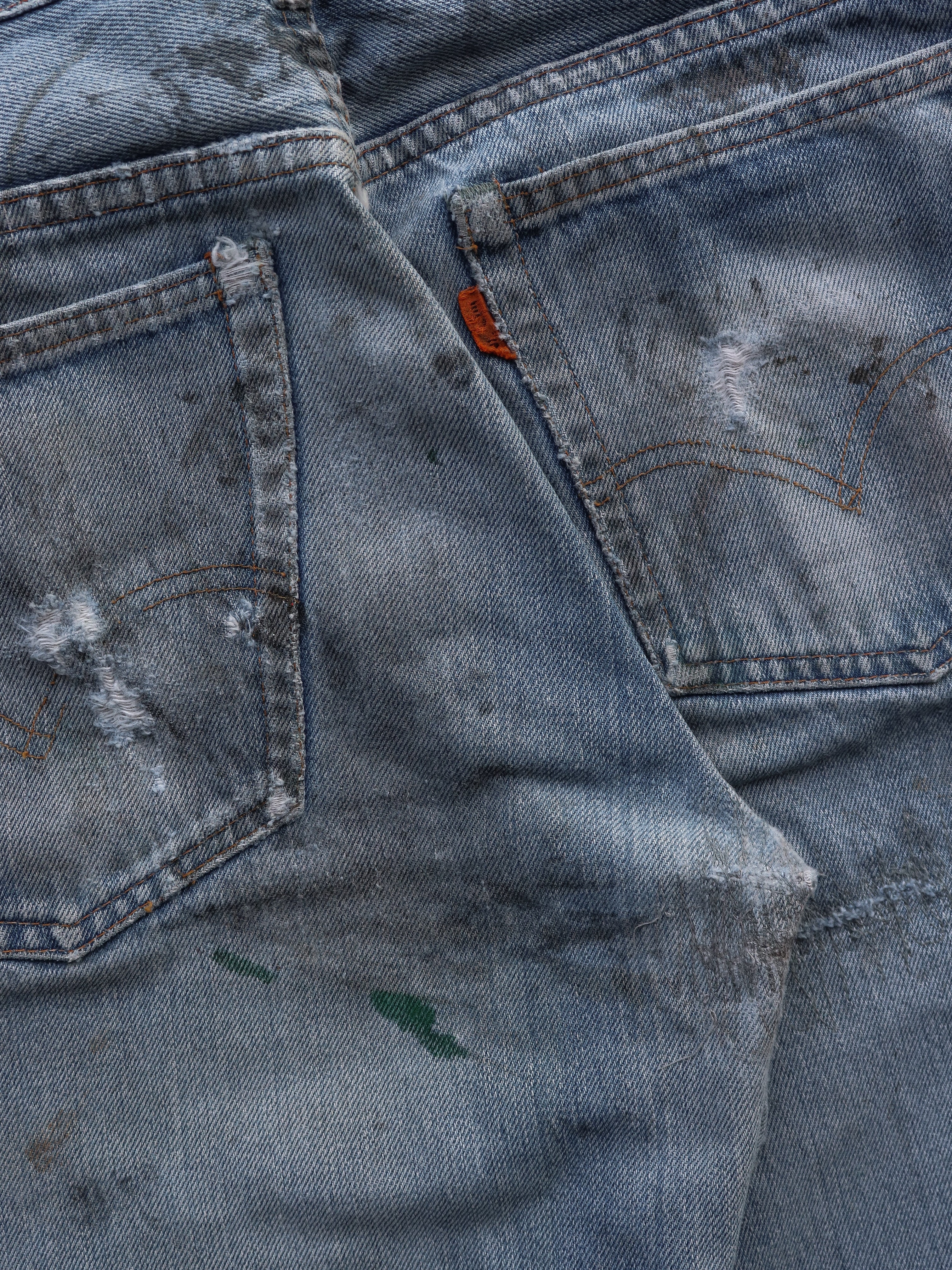 LEVIS THRASHED & REPAIRED ALTERED DENIM - 1970S  ( 32 X 32 ) - LOST ENDS FOUND