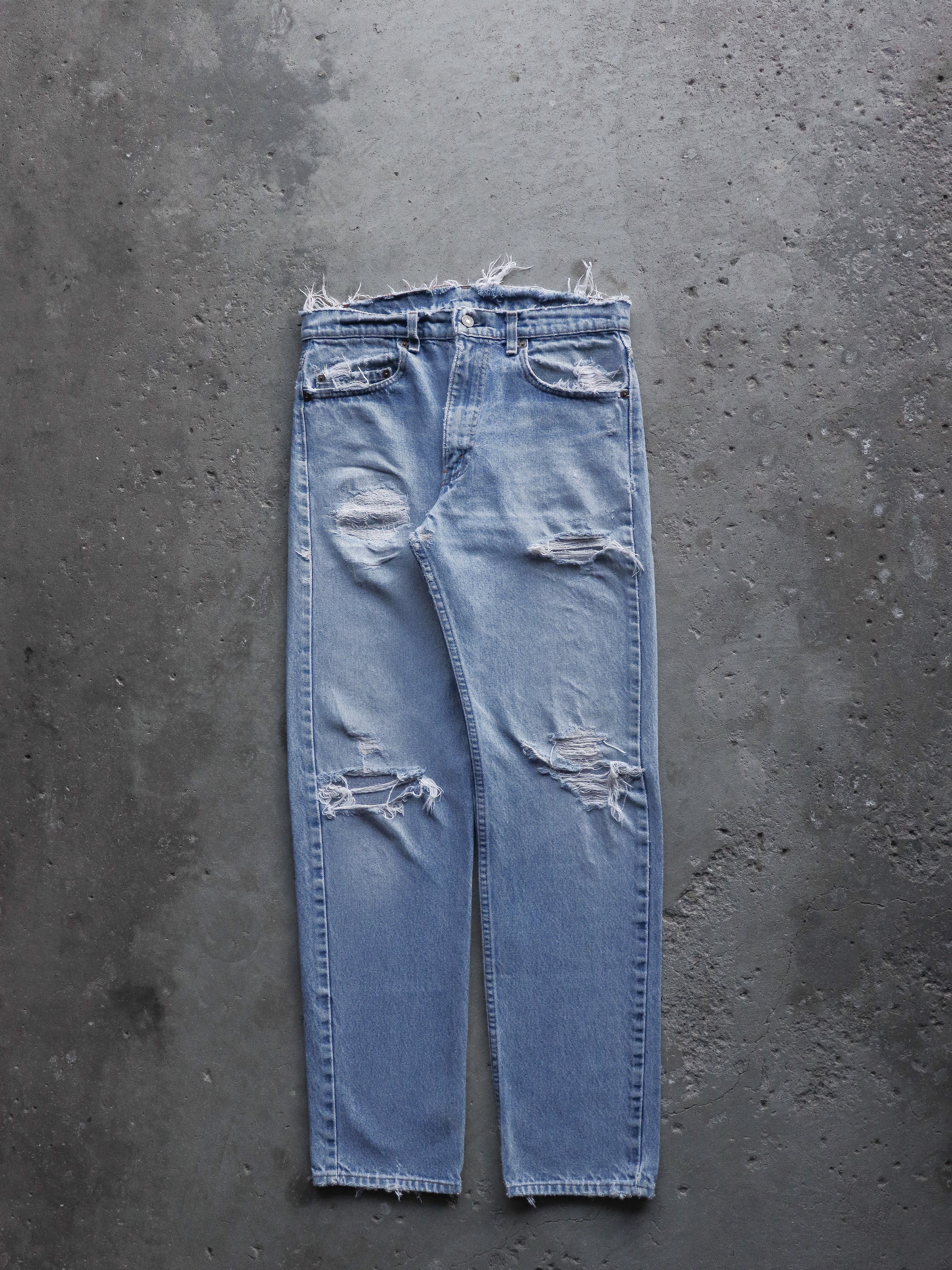 LEVI'S 505 REPAIRED & DISTRESSED INDIGO DENIM - 1990S